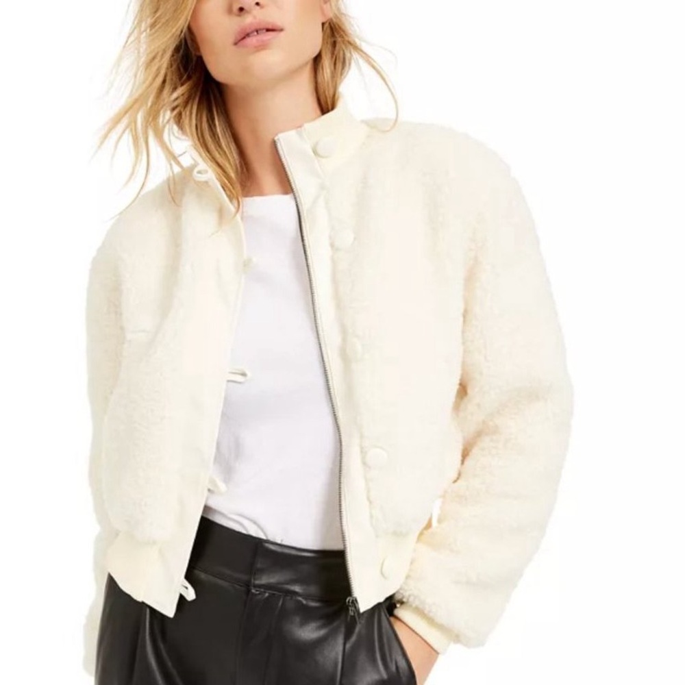 Becca Tilley Bar III Teddy Bomber Jacket Womens Medium Off White NWT